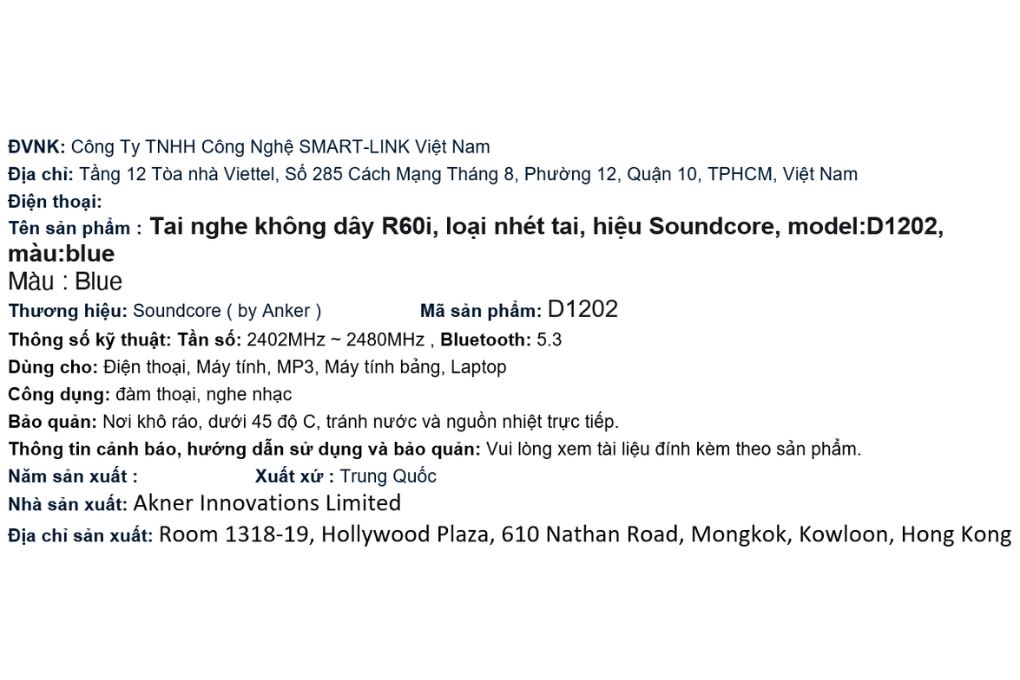 Tai nghe Bluetooth True Wireless Soundcore R60i NC D1202 Màu Xanh Dương