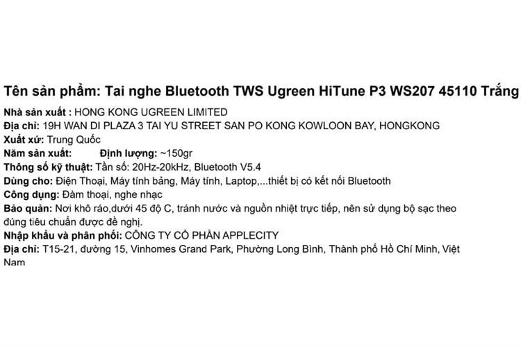 Tai nghe Bluetooth True Wireless Ugreen HiTune P3 WS207 45110 Màu Trắng