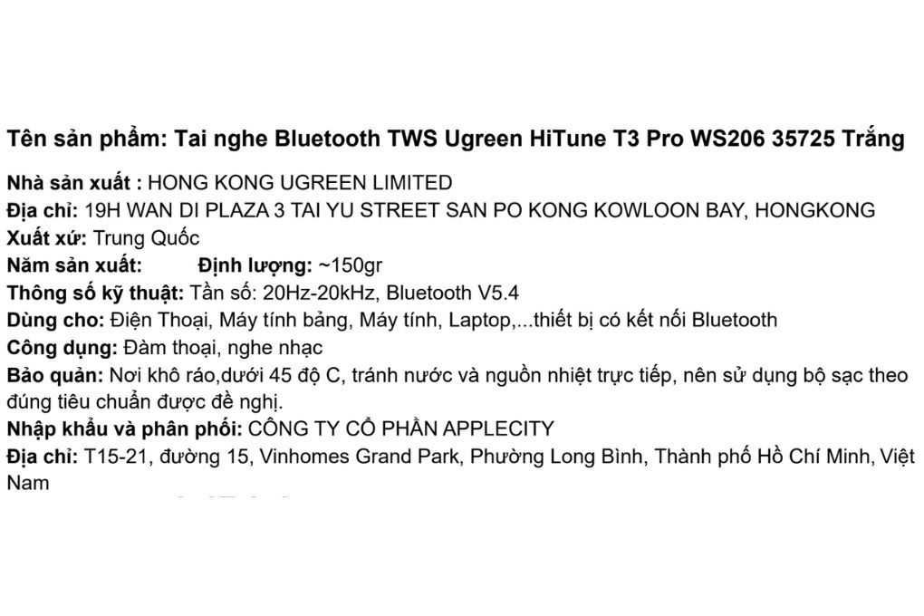 Tai nghe Bluetooth True Wireless Ugreen HiTune T3 Pro WS206 35725 Màu Trắng