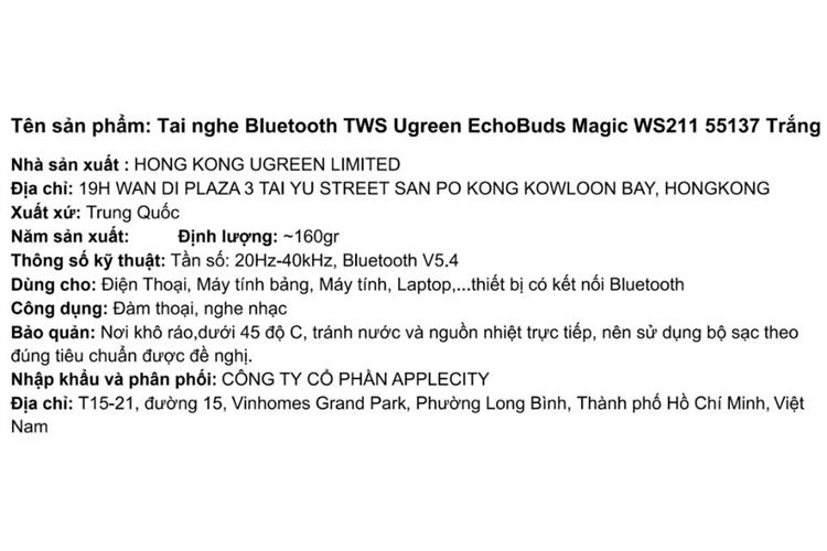 Tai nghe Bluetooth True Wireless Ugreen EchoBuds Magic WS211 55137 Màu Trắng