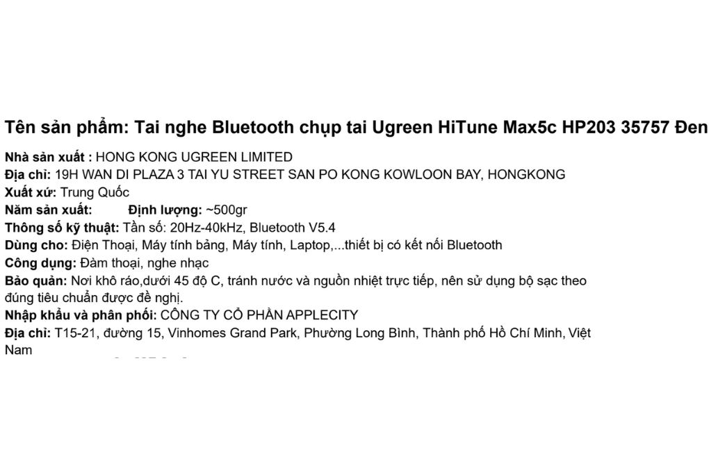 Tai nghe Bluetooth Chụp Tai Ugreen HiTune Max5c HP203 Màu Đen