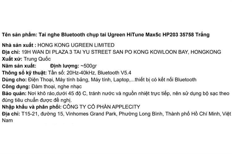 Tai nghe Bluetooth Chụp Tai Ugreen HiTune Max5c HP203 Màu Trắng