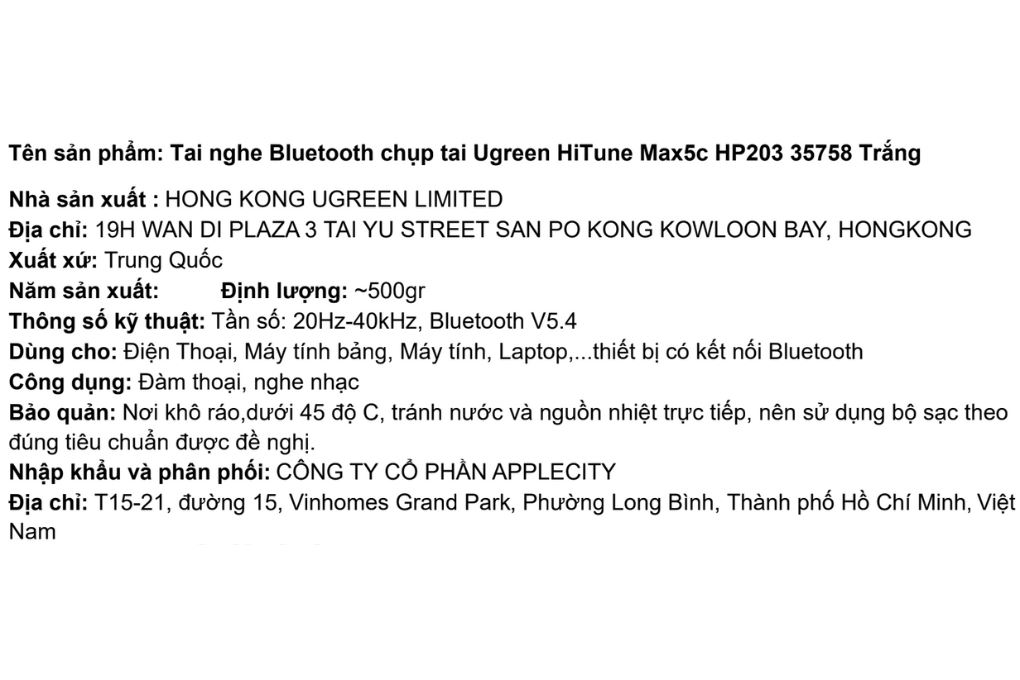 Tai nghe Bluetooth Chụp Tai Ugreen HiTune Max5c HP203 Màu Trắng