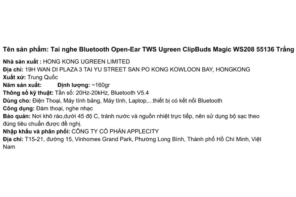 Tai nghe Bluetooth Open-Ear True Wireless Ugreen ClipBuds Magic WS208 55136 Màu Trắng