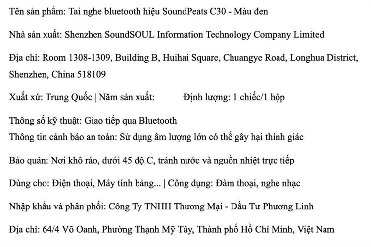 Tai nghe Bluetooth True Wireless SoundPeats C30 Màu Đen