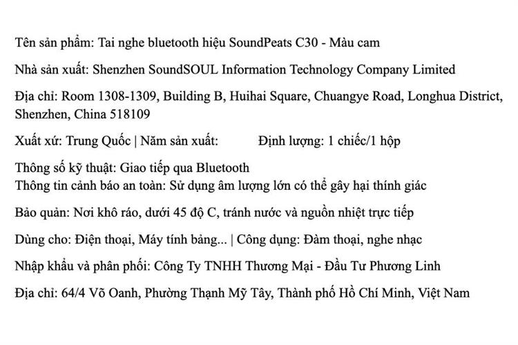 Tai nghe Bluetooth True Wireless SoundPeats C30 Màu Cam
