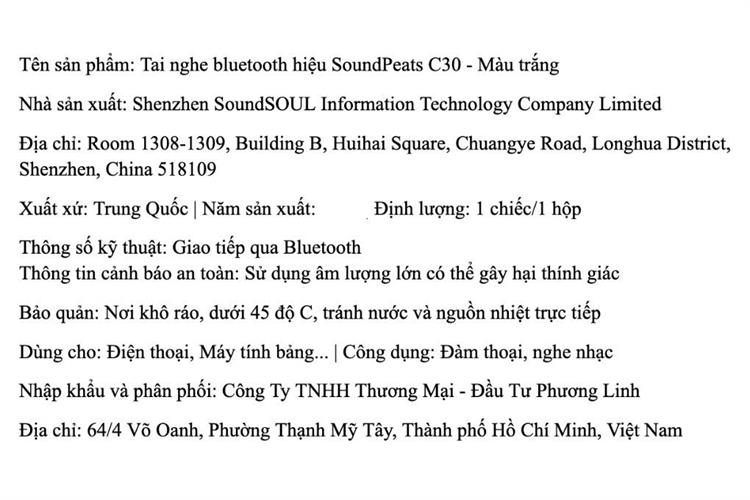 Tai nghe Bluetooth True Wireless SoundPeats C30 Màu Trắng