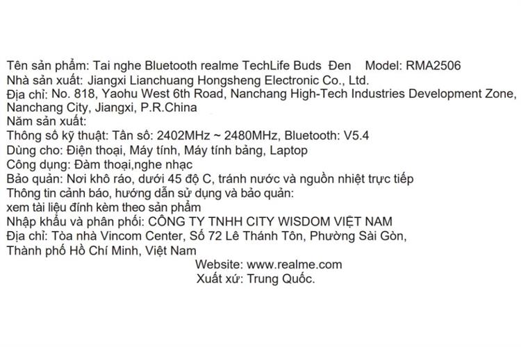 Tai nghe Bluetooth True Wireless realme TechLife Buds Màu Đen