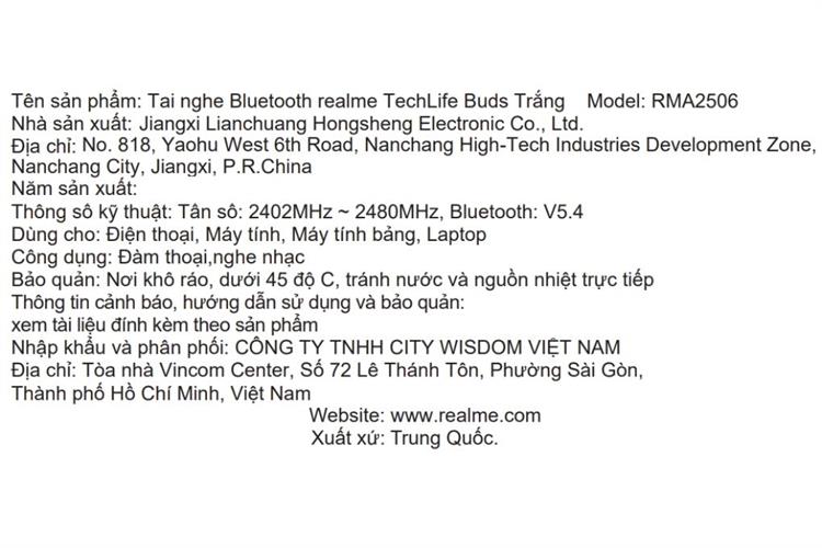 Tai nghe Bluetooth True Wireless TWS Realme TechLife Buds Màu Trắng