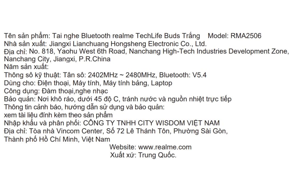 Tai nghe Bluetooth True Wireless realme TechLife Buds Màu Trắng