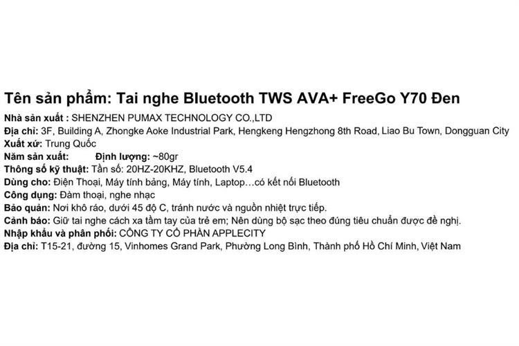 Tai nghe Bluetooth True Wireless AVA+ FreeGo Y70 Màu Đen