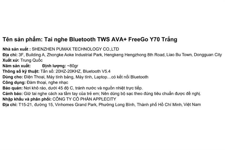 Tai nghe Bluetooth True Wireless AVA+ FreeGo Y70 Màu Trắng