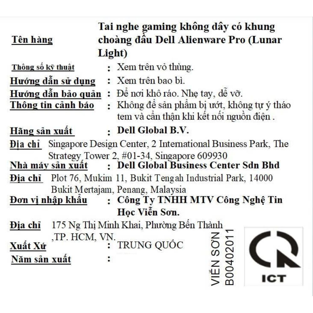 Tai nghe chụp tai Gaming Dell Alienware Pro Light Màu Trắng