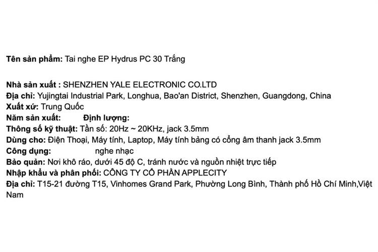 Tai nghe Có dây EP Hydrus PC 30 Màu Trắng