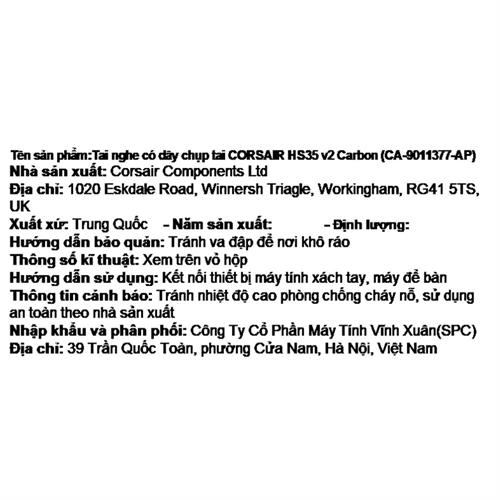 Tai nghe Chụp Tai Gaming Corsair HS35 V2 Carbon/CA-9011377-AP Màu Đen