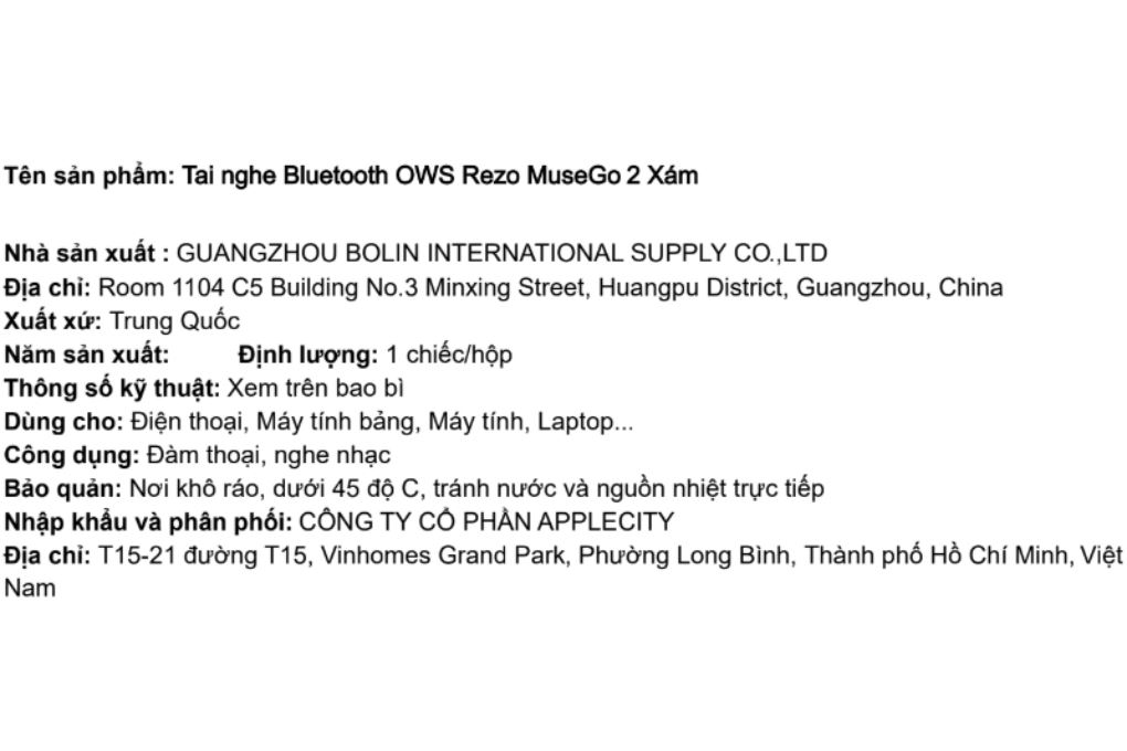Tai nghe Bluetooth Open-Ear OWS Rezo MuseGo 2 Màu Xám