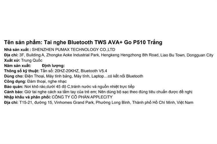 Tai nghe Bluetooth True Wireless AVA+ Go P510 Màu Trắng