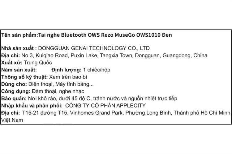 Tai nghe Bluetooth Open-Ear OWS Rezo MuseGo OWS1010 Màu Đen