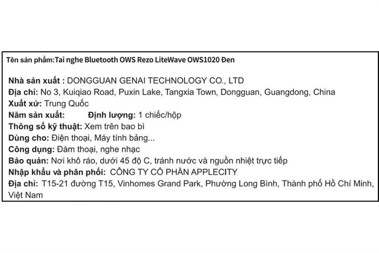 Tai nghe Bluetooth Open-Ear OWS Rezo LiteWave OWS1020 Màu Đen
