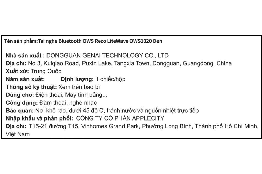 Tai nghe Bluetooth Open-Ear OWS Rezo LiteWave OWS1020 Màu Đen