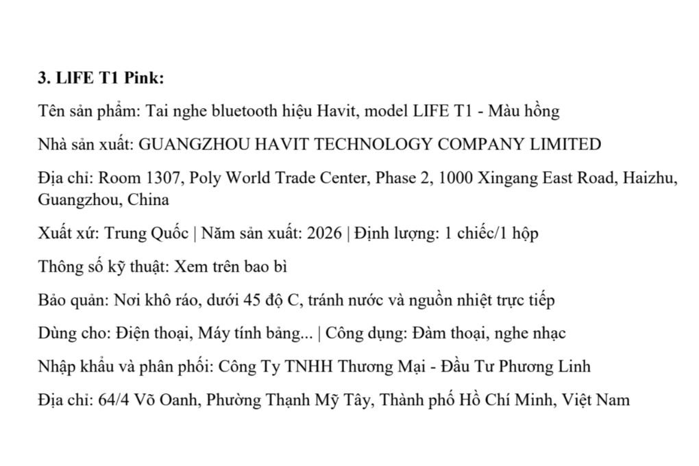 Tai nghe Bluetooth True Wireless Havit LIFE T1 Màu Hồng