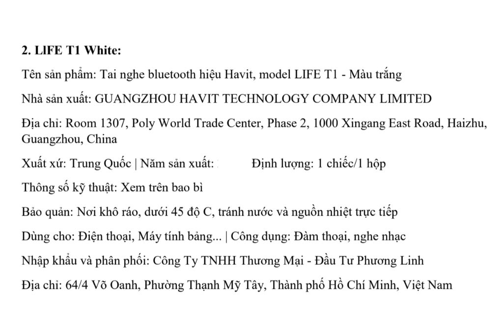 Tai nghe Bluetooth True Wireless Havit LIFE T1 Màu Trắng