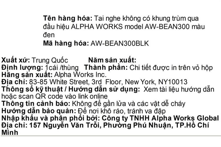 Tai nghe Bluetooth True Wireless Alpha Works AW BEAN300BLK Màu Đen