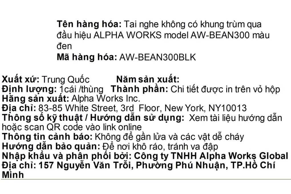 Tai nghe Bluetooth True Wireless Alpha Works AW BEAN300BLK Màu Đen
