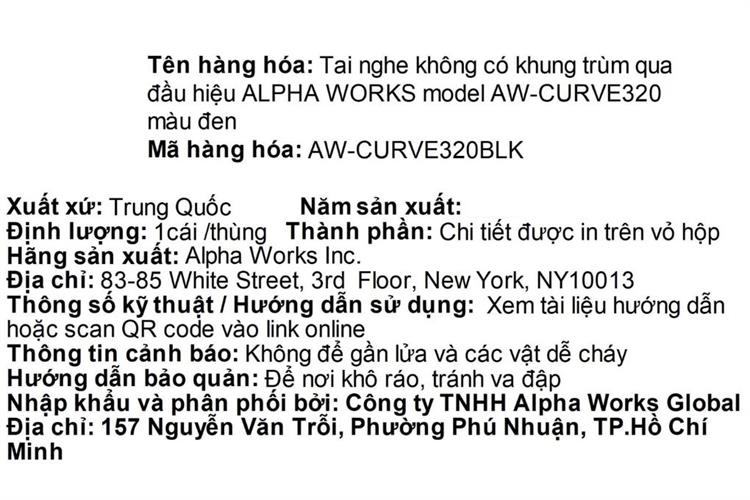 Tai nghe Bluetooth True Wireless Alpha Works AW CURVE320BLK Màu Đen