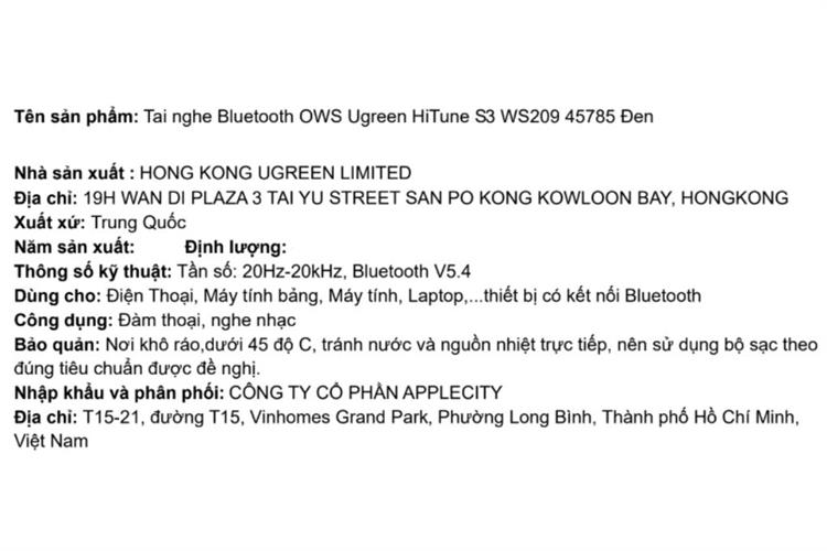 Tai nghe Bluetooth Open-Ear OWS Ugreen HiTune S3 WS209 45785 Màu Đen
