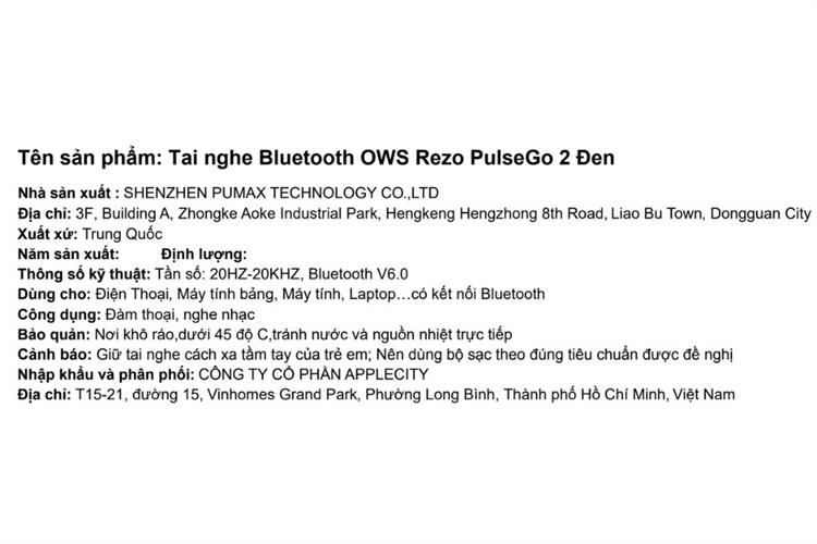 Tai nghe Bluetooth Open-Ear OWS Rezo PulseGo 2 Màu Đen