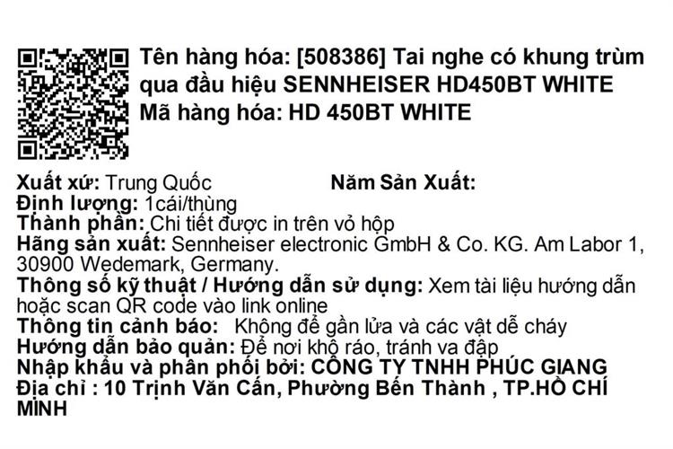 Tai nghe Bluetooth Chụp Tai Sennheiser HD450BT Màu Trắng