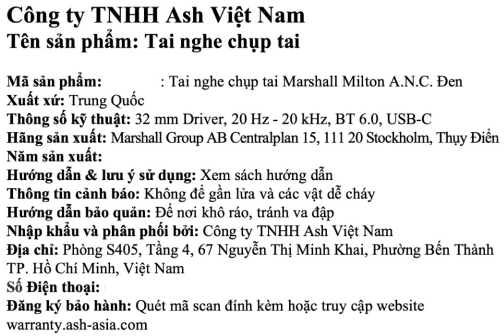 Tai nghe Bluetooth Chụp Tai Marshall Milton A.N.C. Màu Đen