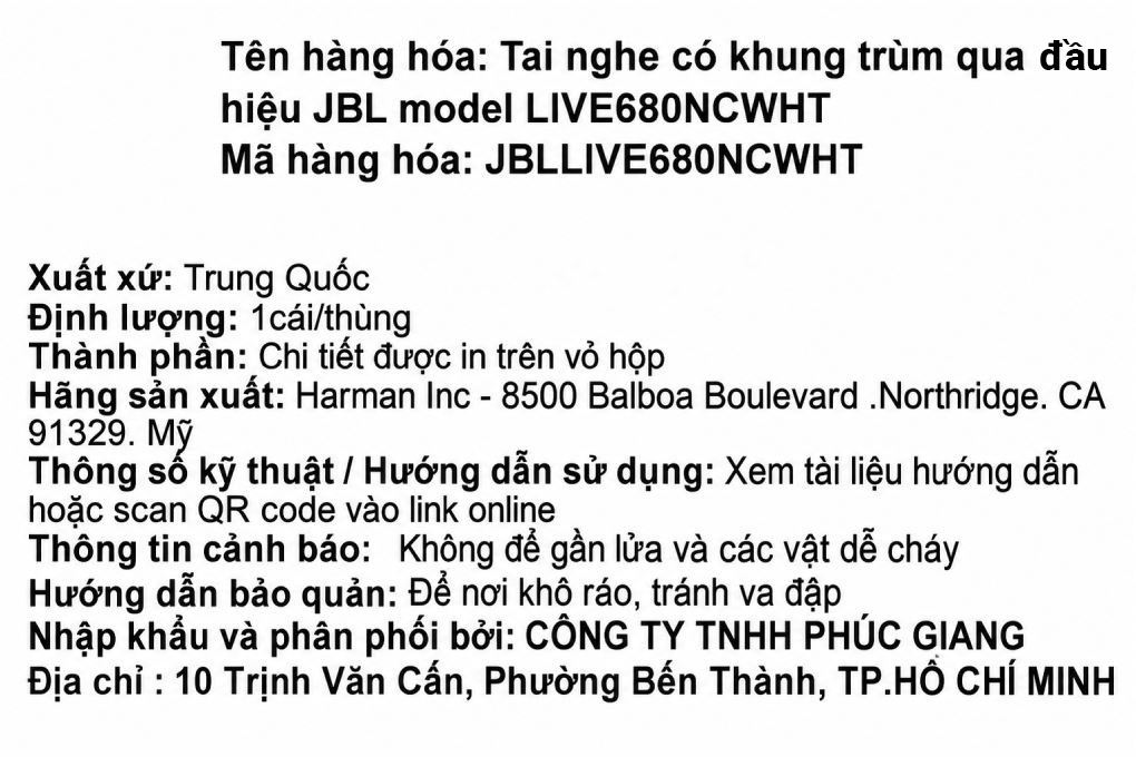 Tai nghe Bluetooth Chụp Tai JBL Live 680NC Màu Đen