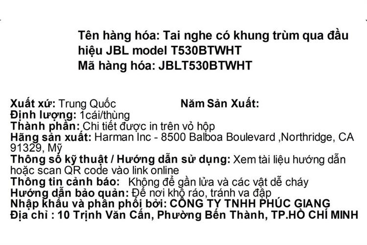 Tai nghe Bluetooth Chụp Tai JBL Tune 530BT Màu Trắng