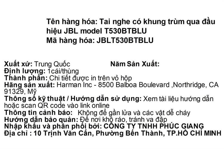 Tai nghe Bluetooth Chụp Tai JBL Tune 530BT Màu Xanh Dương