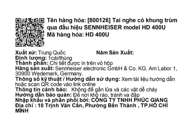 Tai nghe Chụp Tai Sennheiser HD 400U Màu Đen