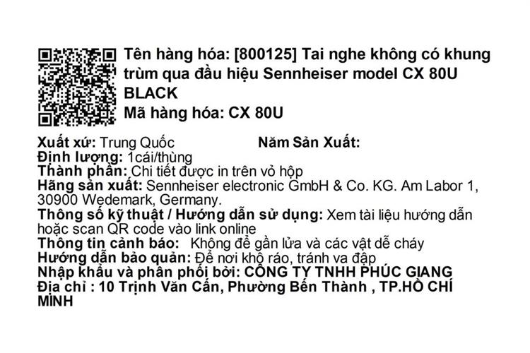 Tai nghe Có dây Sennheiser CX 80U Màu Đen