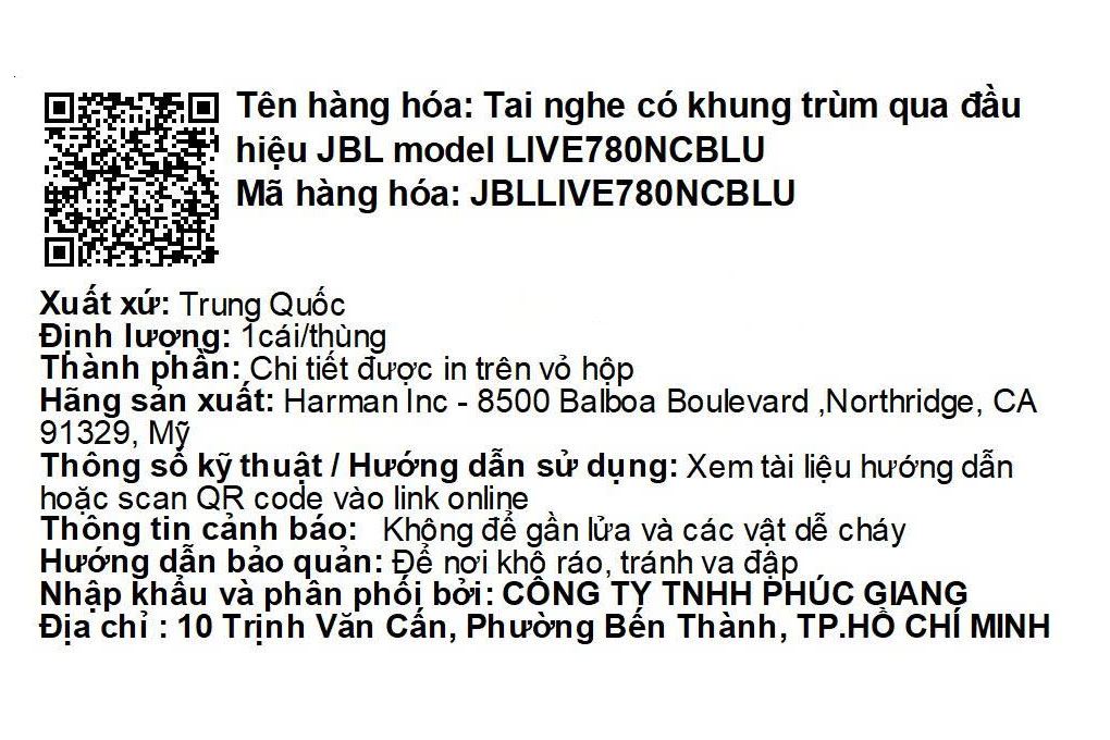 Tai nghe Bluetooth Chụp Tai JBL Live 780NC Màu Xanh Dương