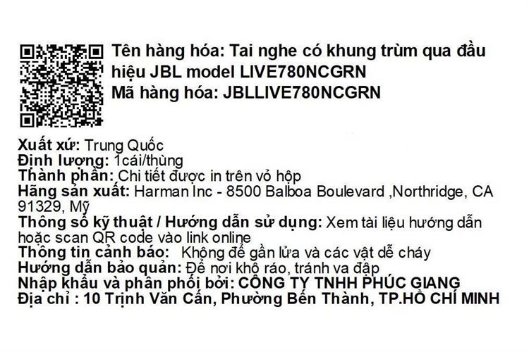 Tai nghe Bluetooth Chụp Tai JBL Live 780NC Màu Xanh lá