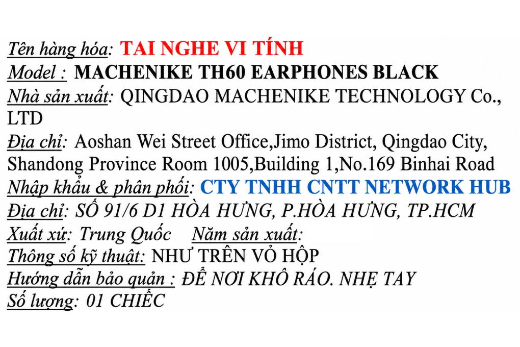 Tai nghe Bluetooth True Wireless Machenike TH60 Màu Đen