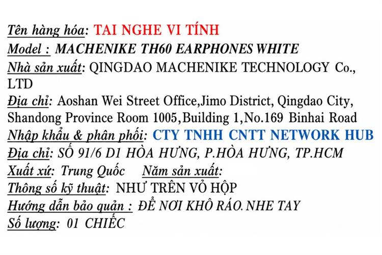 Tai nghe Bluetooth True Wireless Machenike TH60 Màu Trắng
