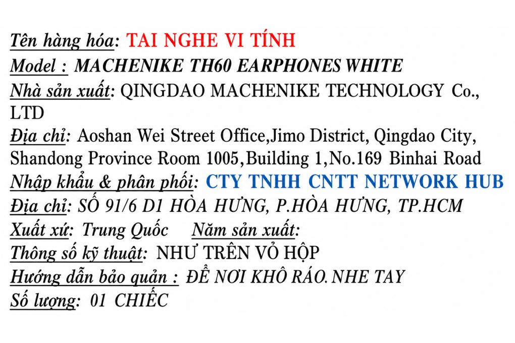 Tai nghe Bluetooth True Wireless Machenike TH60 Màu Trắng