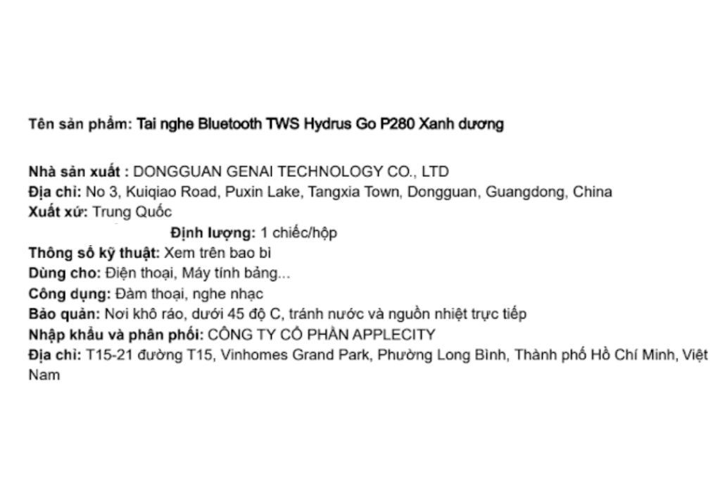 Tai nghe Bluetooth True Wireless Hydrus Go P280 Màu Xanh Dương