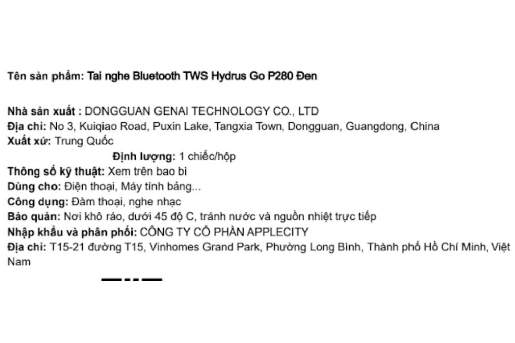 Tai nghe Bluetooth True Wireless Hydrus Go P280 Màu Đen