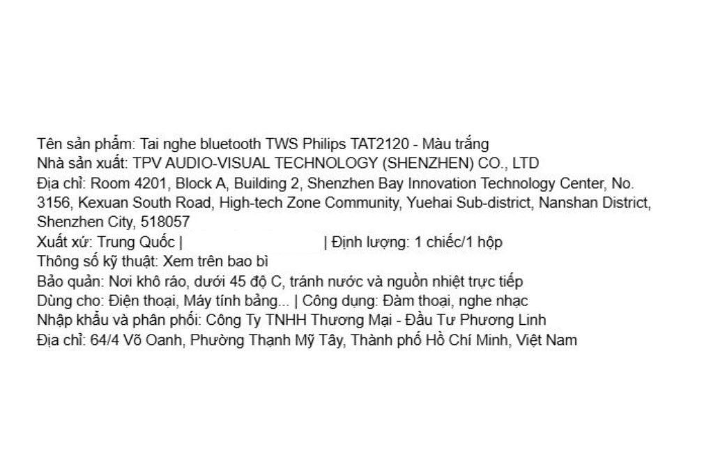 Tai nghe Bluetooth True Wireless Philips Tat2120 Trắng Màu Trắng