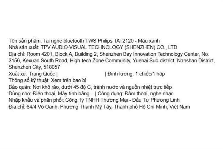 Tai nghe Bluetooth True Wireless Philips Tat2120 Xanh Màu Xanh Dương