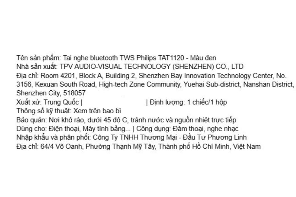 Tai nghe Bluetooth True Wireless Philips Tat1120 Đen Màu Đen