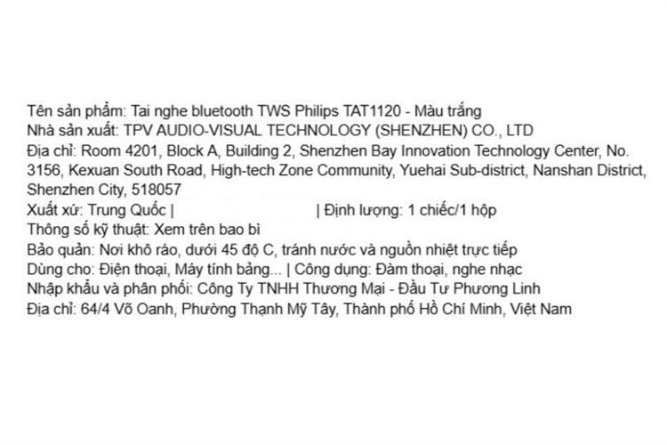 Tai nghe Bluetooth True Wireless Philips Tat1120 Trắng Màu Trắng