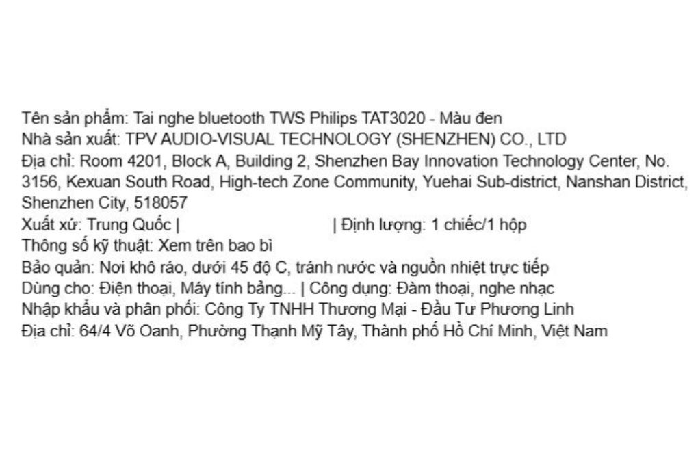 Tai nghe Bluetooth True Wireless Philips Tat3020 Đen Màu Đen